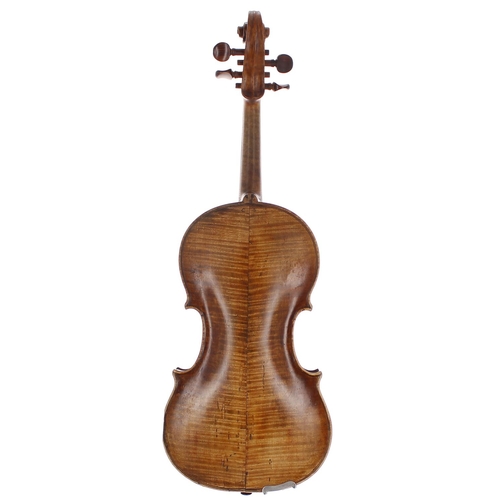 2427 - Interesting 18th century Viennese violin, unlabelled, the two piece back of medium curl with similar... 