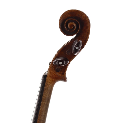 2427 - Interesting 18th century Viennese violin, unlabelled, the two piece back of medium curl with similar... 