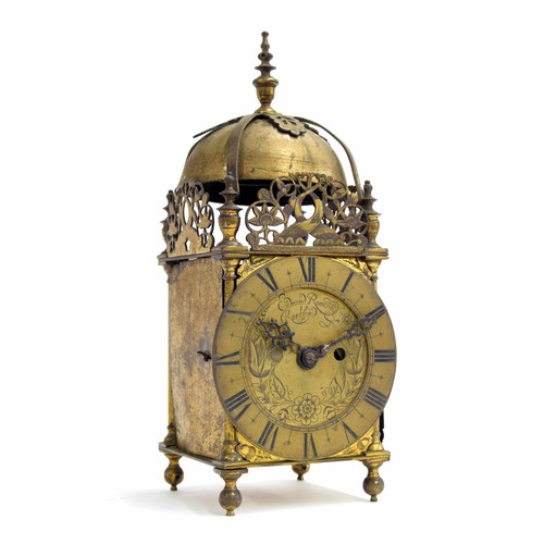 1377 - English brass double fusee lantern clock, the 6.5