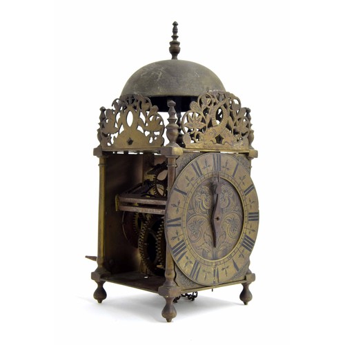 1383 - Interesting early English hook and spike brass lantern clock, the 5.75