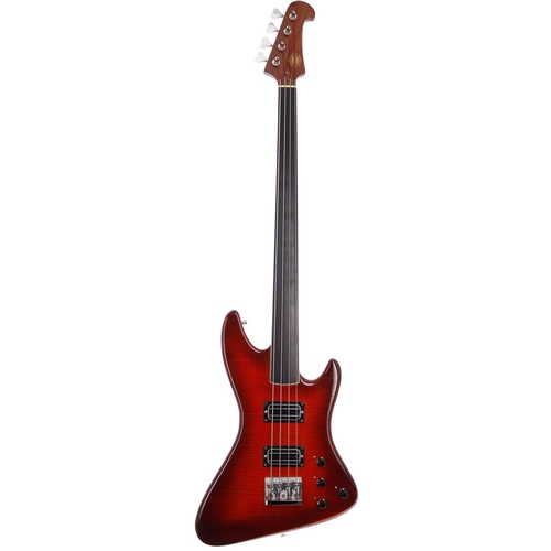 254 - Early 1980s Overwater Original Series four string fretless bass guitar, made in England; Body: red b... 