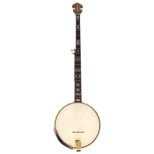 1512 - Ode long neck model five string banjo with Jerry Webb open back body, with geometric mother of pearl... 