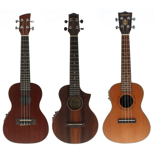 1568 - Three contemporary ukuleles, all with electrical pickups, labelled: Ibanez Model no. UEW13MEE-DBO, s... 