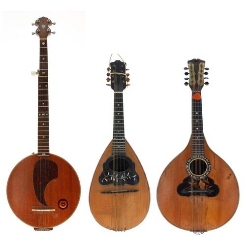 1569 - Old flatback pear shaped mandolin in need of restoration, unlabelled; also a Neapolitan mandolin lab... 