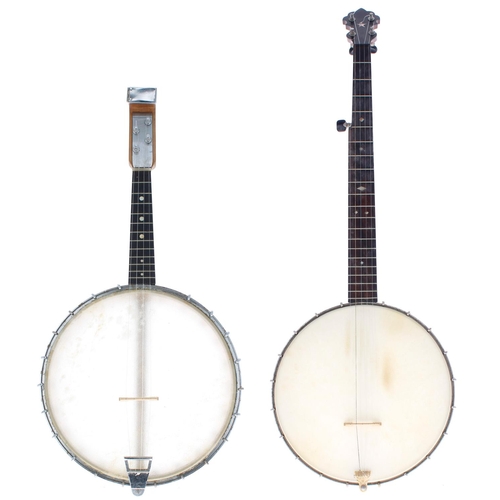 1572 - S.S. Stewart Universal Favourite five string banjo, with maker's ivorine plaque screwed to the perch... 