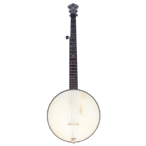 1572 - S.S. Stewart Universal Favourite five string banjo, with maker's ivorine plaque screwed to the perch... 