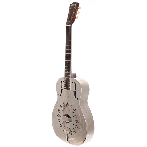 402 - 2010 National Reso-Phonic 0-14 resonator guitar, made in USA; Body: Hawaiian scene etched nickel pla... 