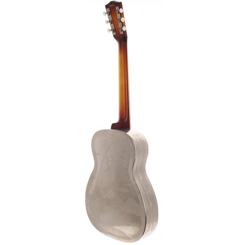 402 - 2010 National Reso-Phonic 0-14 resonator guitar, made in USA; Body: Hawaiian scene etched nickel pla... 