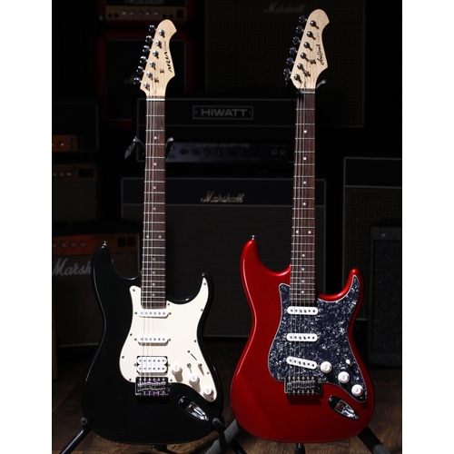 785 - Two Aria STG Series S Type electric guitars, one in candy apple red, the other in black, both with g... 