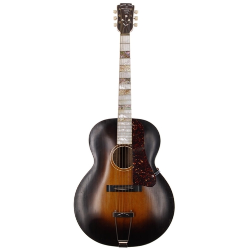 257 - Interesting archtop acoustic guitar branded 'Master Craft by Paramount Instr. Limited' in pearl to t... 