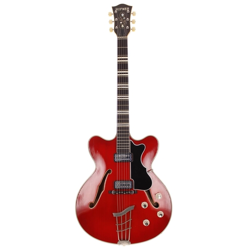 281 - Mid 1960s Hofner Verithin hollow body electric guitar, made in Germany; Body: red, refinish, a few m... 