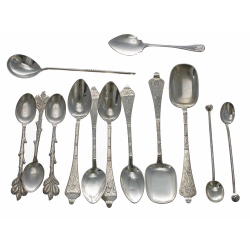 518 - Pair of P.J. Hansen Danish silver spoons, with engraved scroll decoration to the handles and squared... 