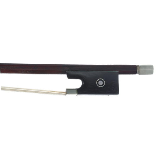 2232 - French nickel mounted violin bow faintly stamped L. Morizot, the stick octagonal, the ebony frog inl... 