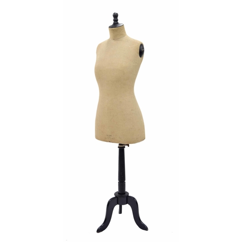 577 - Stockman Paris tailors mannequin, the branded fabric torso raised on an ebonised tripod support, 61