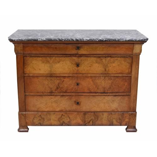 850 - Biedermeier marble top commode chest of drawers, the grey marble top over a cushion frieze long draw... 