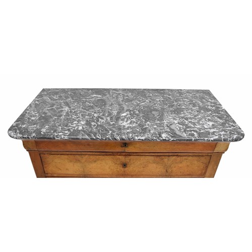 850 - Biedermeier marble top commode chest of drawers, the grey marble top over a cushion frieze long draw... 