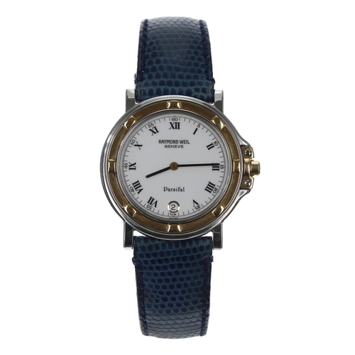 125 - Raymond Weil Parsifal bicolour gentleman's wristwatch, reference no. 9189, white dial, blue leather ... 