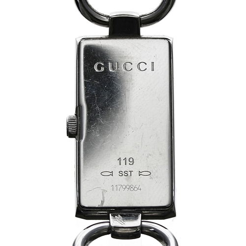 147 - Gucci Tornabuoni lady's rectangular wristwatch, reference no. 119, rectangular black dial, Gucci bra... 