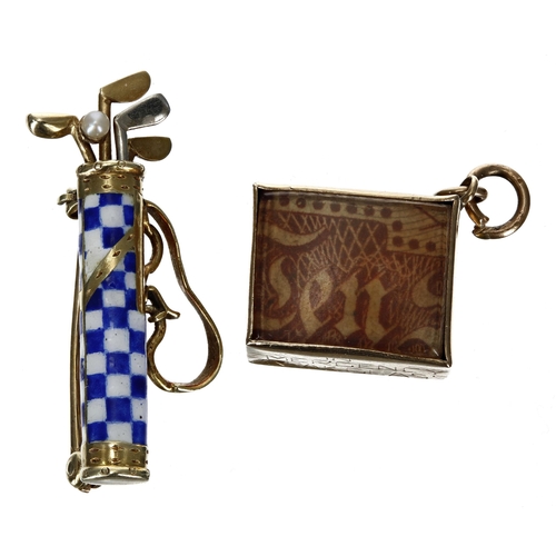 337 - Novelty gold and enamel novelty golf bag brooch; with a 9ct charm (2)