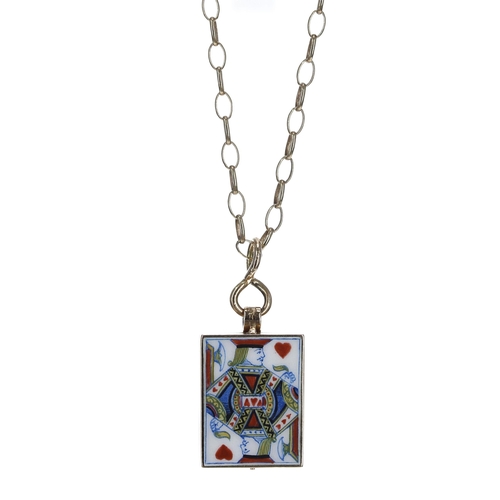 343 - Unusual gold and enamel playing card locket pendant, of rectangular form with the the front panel de... 