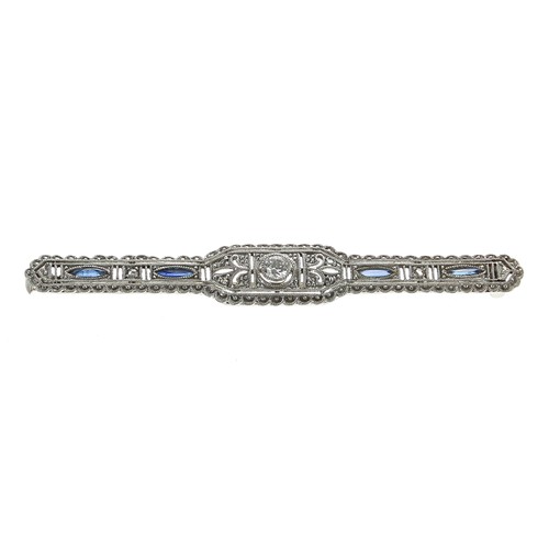 345 - Art Deco platinum sapphire and diamond brooch, with three old-cut diamonds and four marquise diamond... 