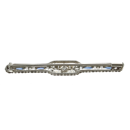 345 - Art Deco platinum sapphire and diamond brooch, with three old-cut diamonds and four marquise diamond... 