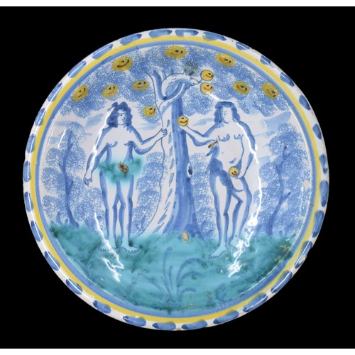 585 - Rare English Delft pottery Adam and Eve plate, Bristol circa 1680, polychrome decorated with a blue ... 