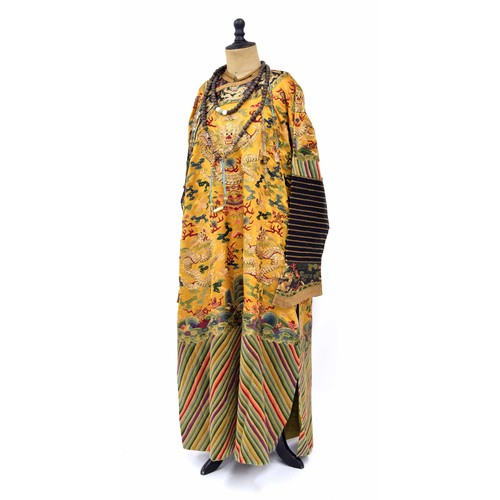 576 - Fine and very rare 19th century Chinese Imperial gold and yellow dragon pattern robe, similar to tho... 