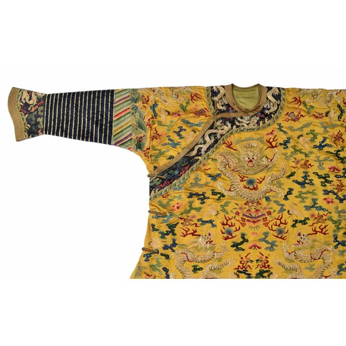 576 - Fine and very rare 19th century Chinese Imperial gold and yellow dragon pattern robe, similar to tho... 