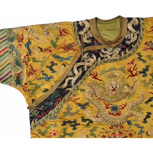 576 - Fine and very rare 19th century Chinese Imperial gold and yellow dragon pattern robe, similar to tho... 