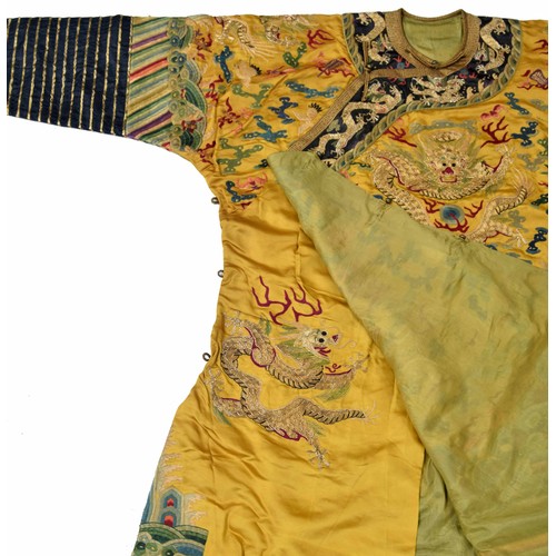 576 - Fine and very rare 19th century Chinese Imperial gold and yellow dragon pattern robe, similar to tho... 