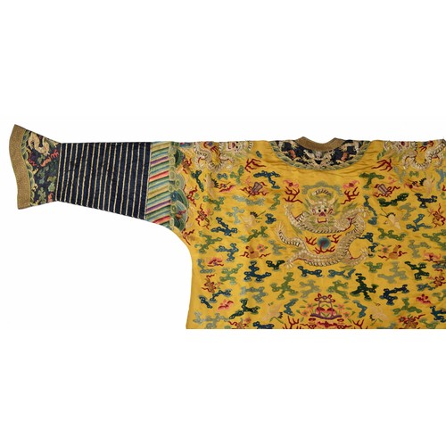 576 - Fine and very rare 19th century Chinese Imperial gold and yellow dragon pattern robe, similar to tho... 