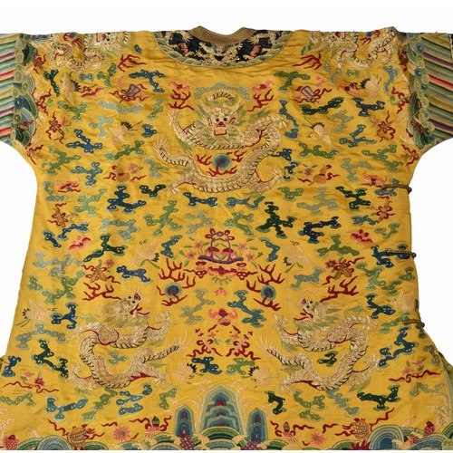 576 - Fine and very rare 19th century Chinese Imperial gold and yellow dragon pattern robe, similar to tho... 