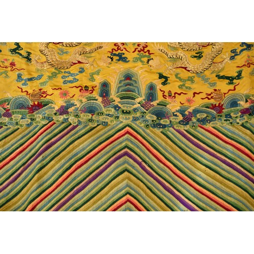 576 - Fine and very rare 19th century Chinese Imperial gold and yellow dragon pattern robe, similar to tho... 