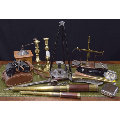 547 - Assorted antique and later metal wares to include two telescopes, pair of brass candlesticks, flask,... 