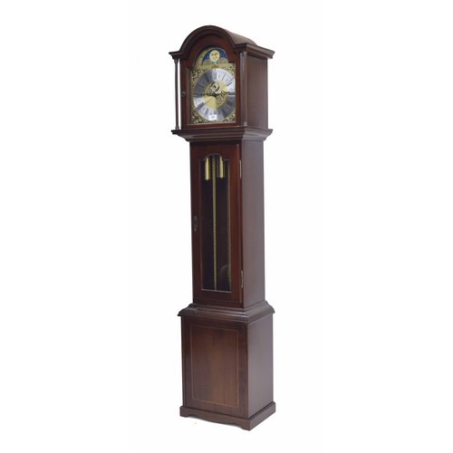 556 - Contemporary mahogany three train grandmother clock by Richard Broad, the silvered chapter ring and ... 