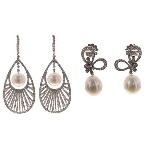 375 - Two pairs of attractive 18ct white gold diamond and cultured pearl earrings, the larger earrings 65m... 