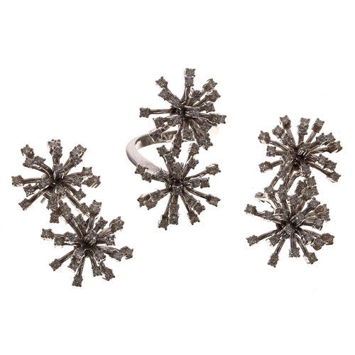 376 - Pair of 18ct white gold abstract 'snow flake' diamond set earrings with matching dress ring, round b... 