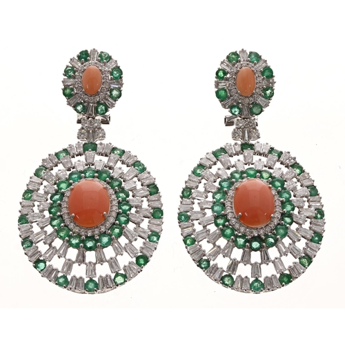 378 - Pair of fancy 18ct white gold coral, emerald and diamond oval drop earrings, with oval cabochon cora... 