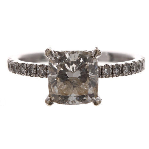 396 - GIA Certified - fine 18ct white gold modified brilliant cushion-cut diamond ring with set shoulders,... 