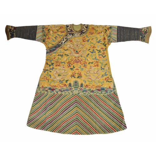 576 - Fine and very rare 19th century Chinese Imperial gold and yellow dragon pattern robe, similar to tho... 