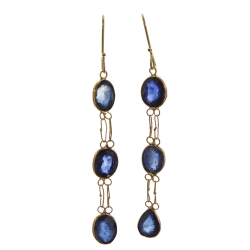 339 - Pair of 14ct yellow gold sapphire drop earrings, each with three oval sapphires, 0.9gm, drop 34mm ap... 