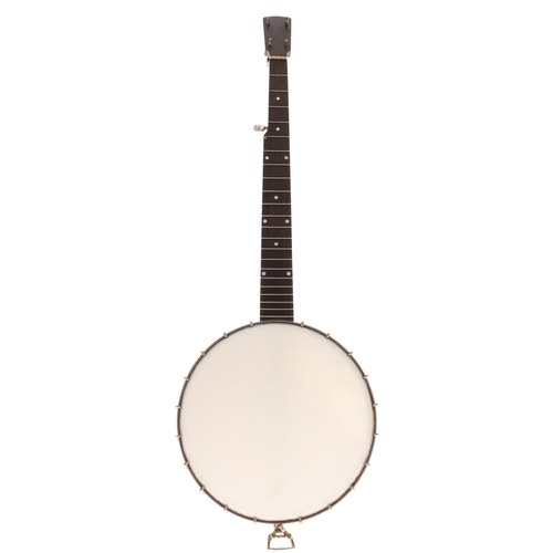 1599 - Old zither Patent banjo, with geometric mother of pearl inlay to the fretboard and stamped no. 6 to ... 