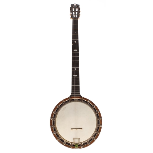 1599 - Old zither Patent banjo, with geometric mother of pearl inlay to the fretboard and stamped no. 6 to ... 