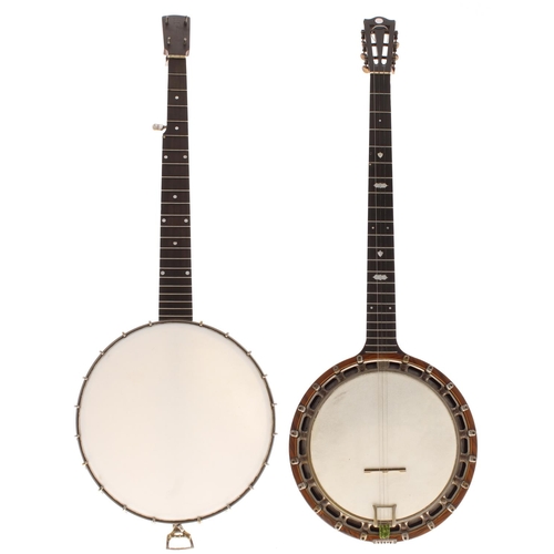 1599 - Old zither Patent banjo, with geometric mother of pearl inlay to the fretboard and stamped no. 6 to ... 