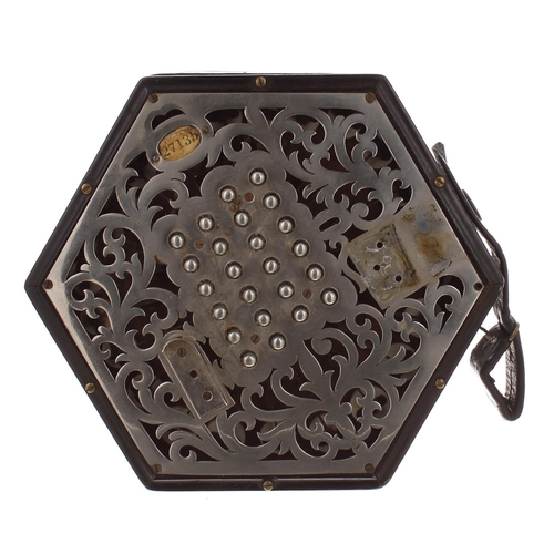 1604 - Good C. Wheatstone & Co English concertina, with forty-eight metal buttons on foliate pierced me... 