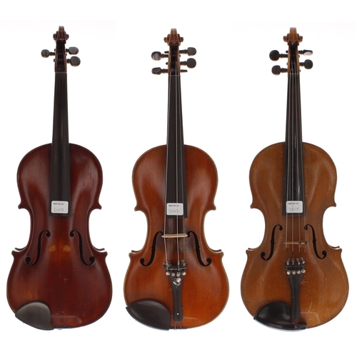 2007 - Early 20th century Strad copy violin (re-varnished); also two other old full size violins (3)... 