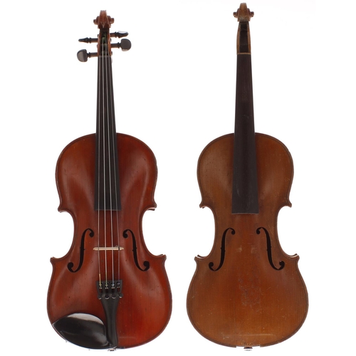 2018 - Two German three-quarter size violins, 13 3/16