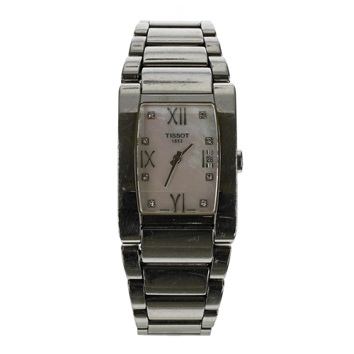 113 - Tissot rectangular stainless steel lady's wristwatch, reference no. T007309A, rectangular mother of ... 