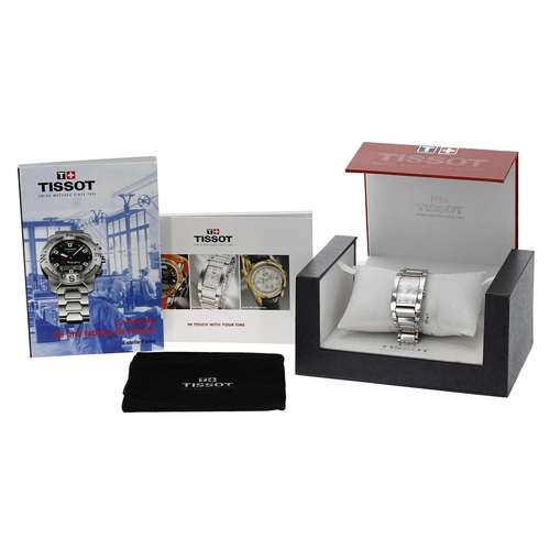 113 - Tissot rectangular stainless steel lady's wristwatch, reference no. T007309A, rectangular mother of ... 